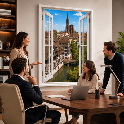 Idée d'usage dans un bureau : la vue sur Strasbourg ouvre le mur comme une vraie fenêtre, style de fenêtre au choix, toile canvas ou plexiglas, livré chez vous (exemple)