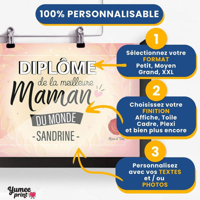 Personnalisez le diplôme « de la meilleure maman » en trois étapes : format, finition puis textes, avec son prénom et votre signature, imprimé et livré chez vous (exemple)
