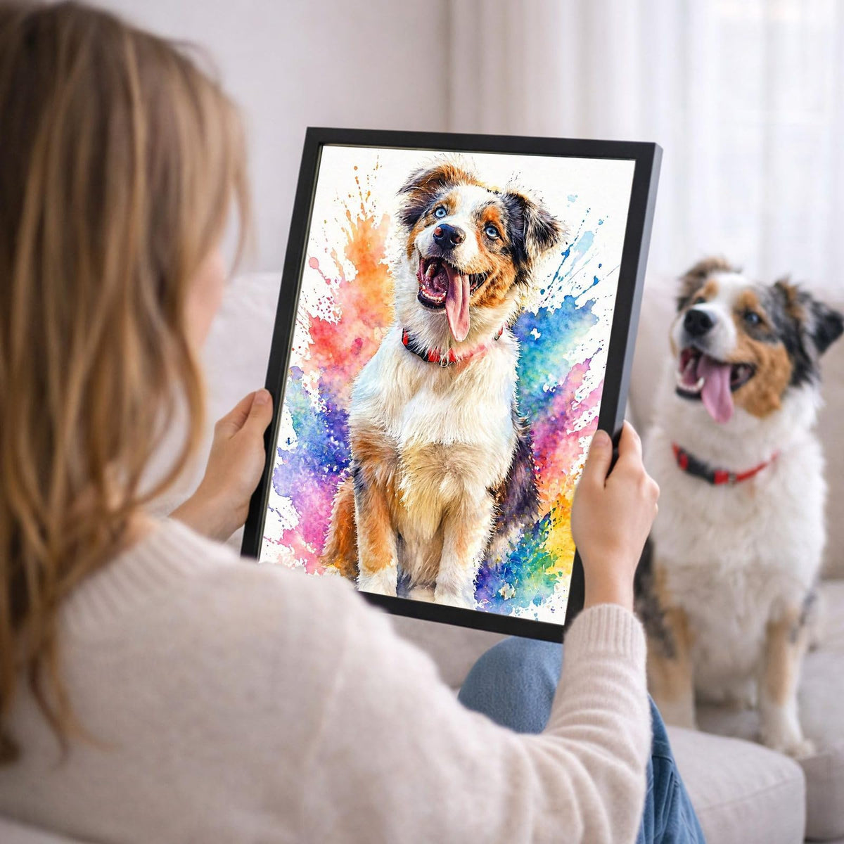 Votre photo devient un portrait éclats de couleurs, ici en cadre noir tenu en main ; cadre noir, blanc, bois clair ou bois foncé au choix, livré chez vous (exemple)