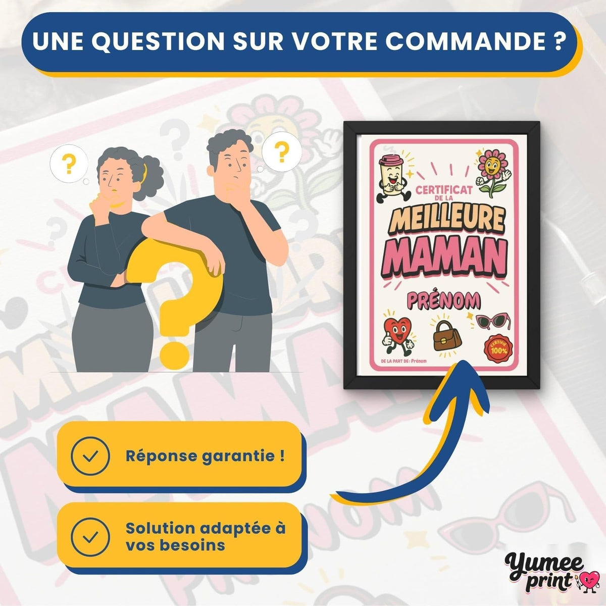 Une question sur votre certificat de la meilleure maman ? Notre service client vous répond par message avec une solution garantie, adaptée à vos besoins