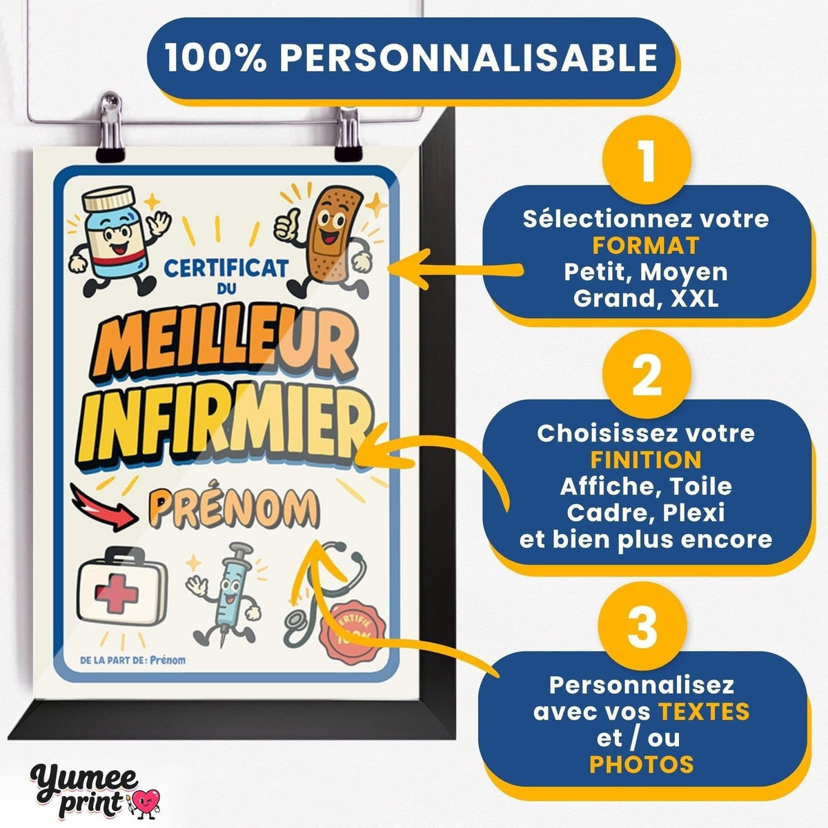 Personnalisez le certificat du meilleur infirmier en trois étapes : format, finition puis textes, avec son prénom et votre signature, imprimé et livré chez vous (exemple)