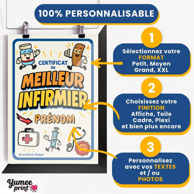 Personnalisez le certificat du meilleur infirmier en trois étapes : format, finition puis textes, avec son prénom et votre signature, imprimé et livré chez vous (exemple)