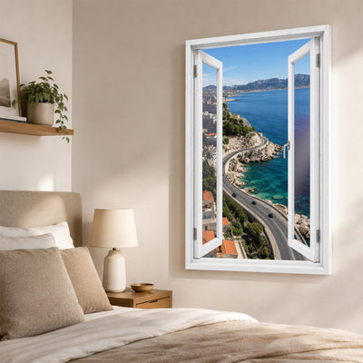 Trompe-l'œil sur Marseille dans une chambre, Corniche et mer turquoise en perspective, sur toile canvas ou plexiglas en 60 x 40 cm, 80 x 60 cm ou 120 x 80 cm, livré chez vous (exemple)