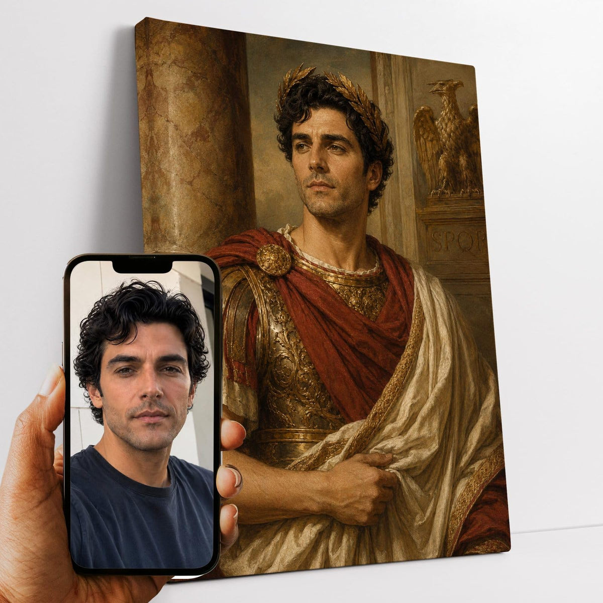 Portrait d'apparat d'après votre photo : votre visage en empereur romain, couronne de laurier, cuirasse dorée et drapé rouge, façon peinture classique, sur toile canvas, livré chez vous (exemple)