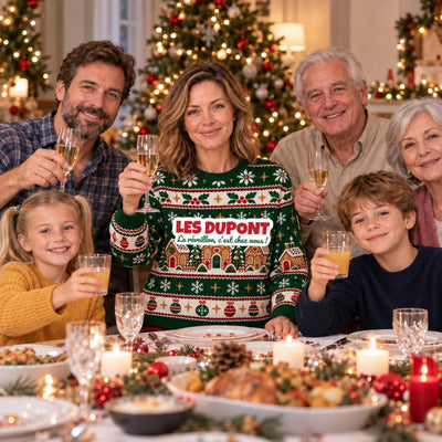 Sweat de Noël moche femme personnalisé, nom de famille, vert sapin