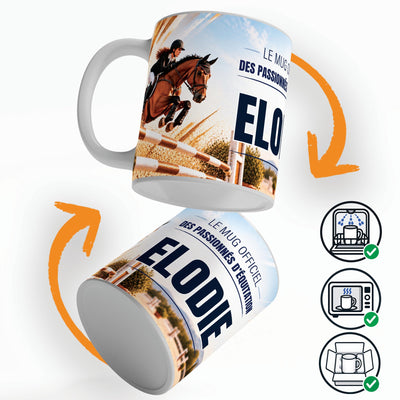 Mug équitation personnalisé qui tourne sur lui-même, avec trois pictogrammes : lave-vaisselle, micro-ondes et mug calé dans son emballage pour la livraison chez vous (exemple)