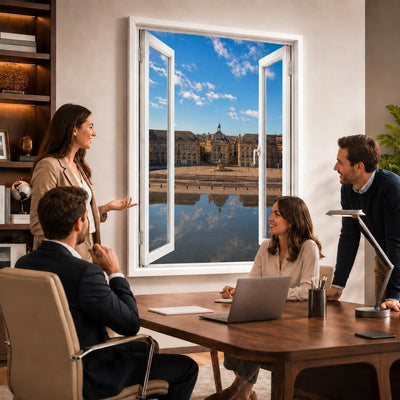 Idée d'usage dans un bureau : la vue sur Bordeaux ouvre le mur comme une vraie fenêtre, style de fenêtre au choix, toile canvas ou plexiglas, livré chez vous (exemple)