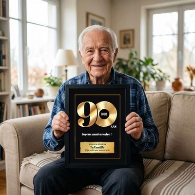 Exemple d'usage : le disque d'or des 90 ans en cadre noir, tenu en souvenir ; son prénom sur le disque, votre signature et un message, livré chez vous (exemple)