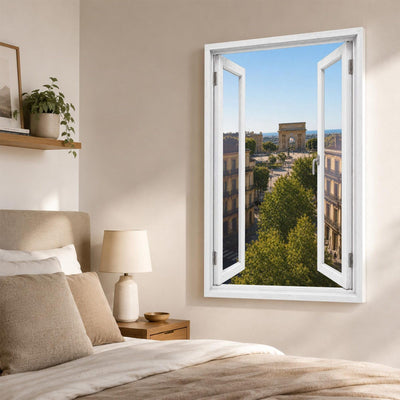Trompe-l'œil sur Montpellier dans une chambre, Arc de triomphe et avenue arborée en perspective, sur toile canvas ou plexiglas en 60 x 40 cm, 80 x 60 cm ou 120 x 80 cm, livré chez vous (exemple)