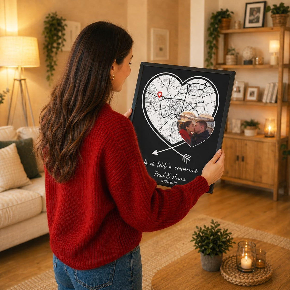 Carte en cœur sur fond noir avec photo, tenue en main dans son cadre noir ; vous envoyez votre photo, elle rejoint la carte de votre lieu, imprimée puis livrée chez vous (exemple)