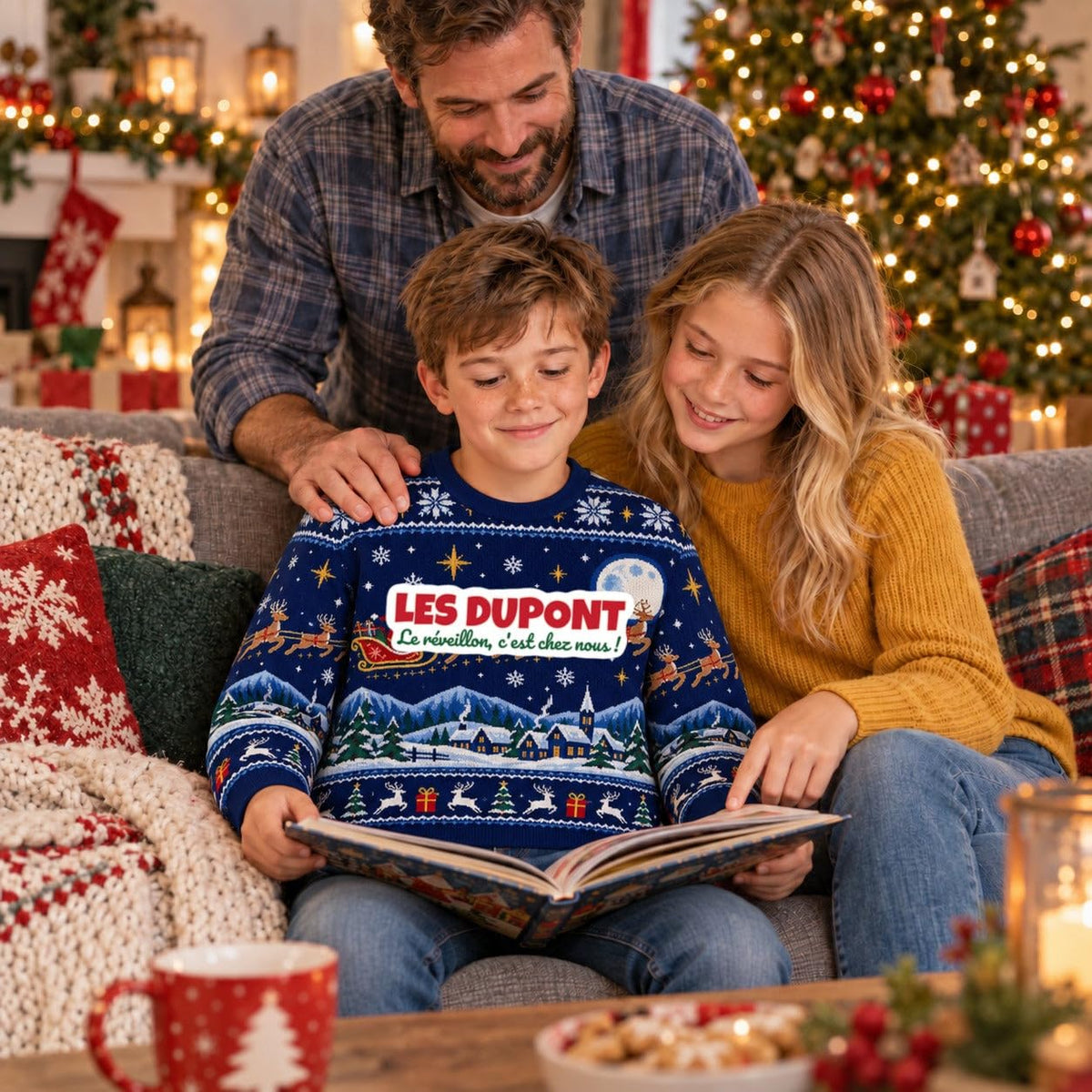 Sweat de Noël moche garçon personnalisé, nom de famille, bleu marine