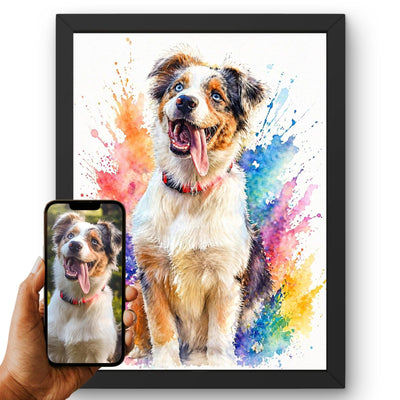 Création personnalisée : vous envoyez la photo de votre chien, elle devient un portrait éclats de couleurs, éclaboussures vives sur fond blanc, imprimé en cadre noir puis livré chez vous (exemple)