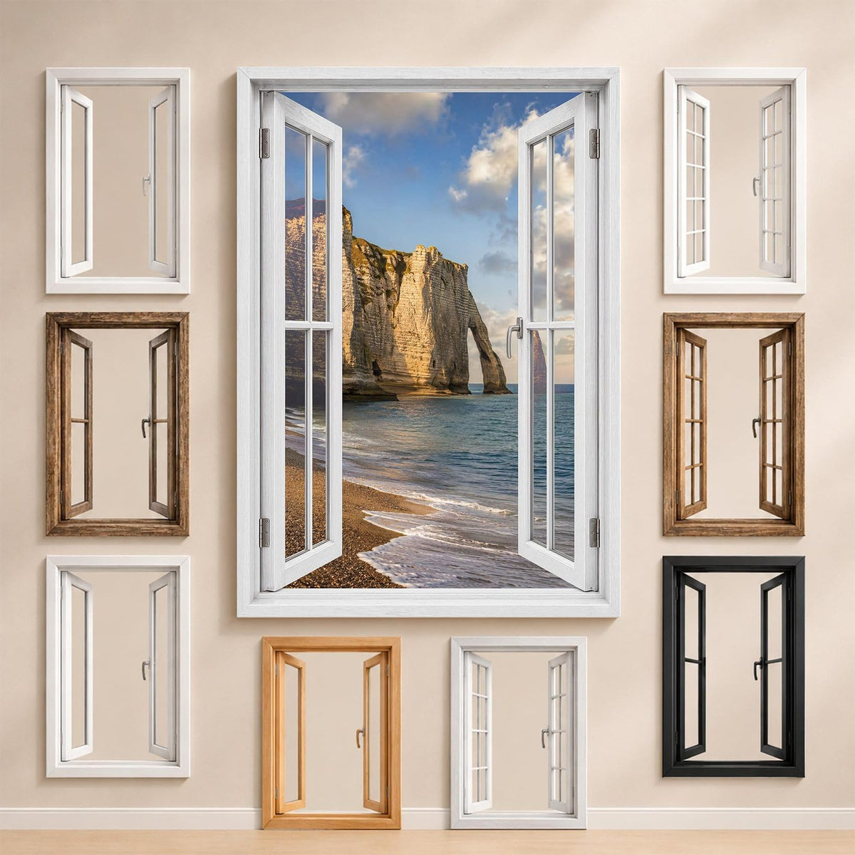 La vue sur Étretat et les styles de fenêtre proposés pour l'encadrer : bois, PVC blanc, alu noir ou sans fenêtre, imprimée sur toile ou plexiglas puis livrée (exemple)