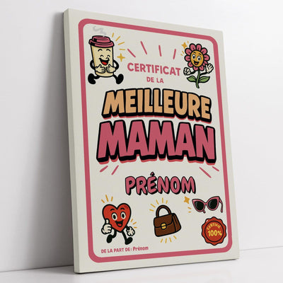 Diplôme humoristique « certificat de la meilleure maman » à son prénom, style rétro à mascottes (café, fleur et sac à main), bordure rose, sur toile canvas, livré chez vous (exemple)