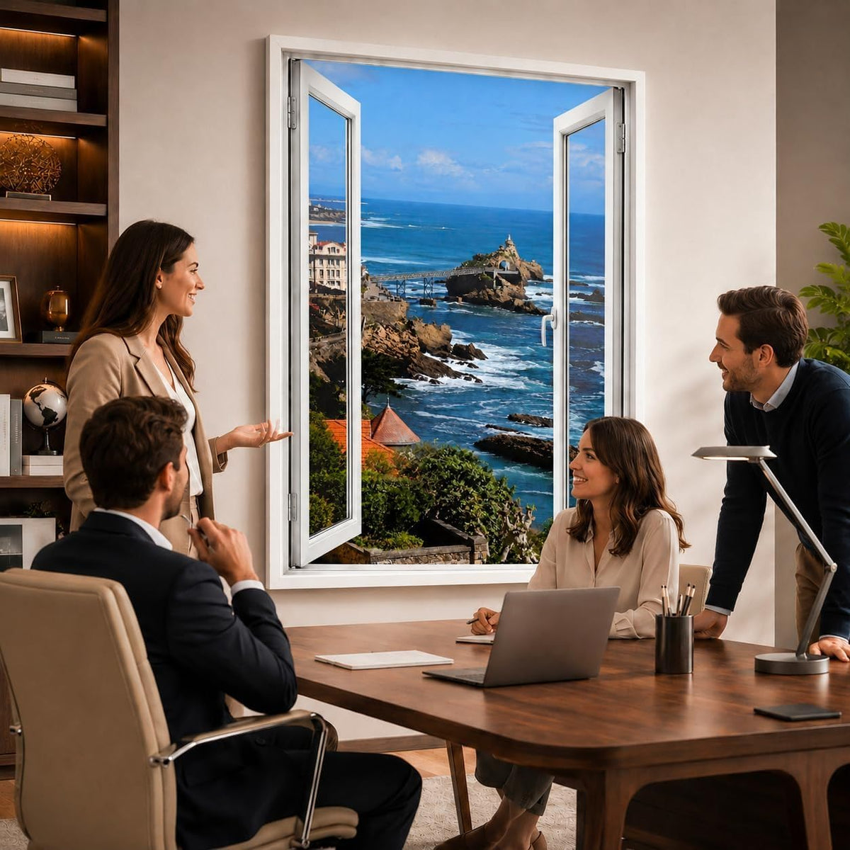 Idée d'usage dans un bureau : la vue sur Biarritz ouvre le mur comme une vraie fenêtre, style de fenêtre au choix, toile canvas ou plexiglas, livré chez vous (exemple)