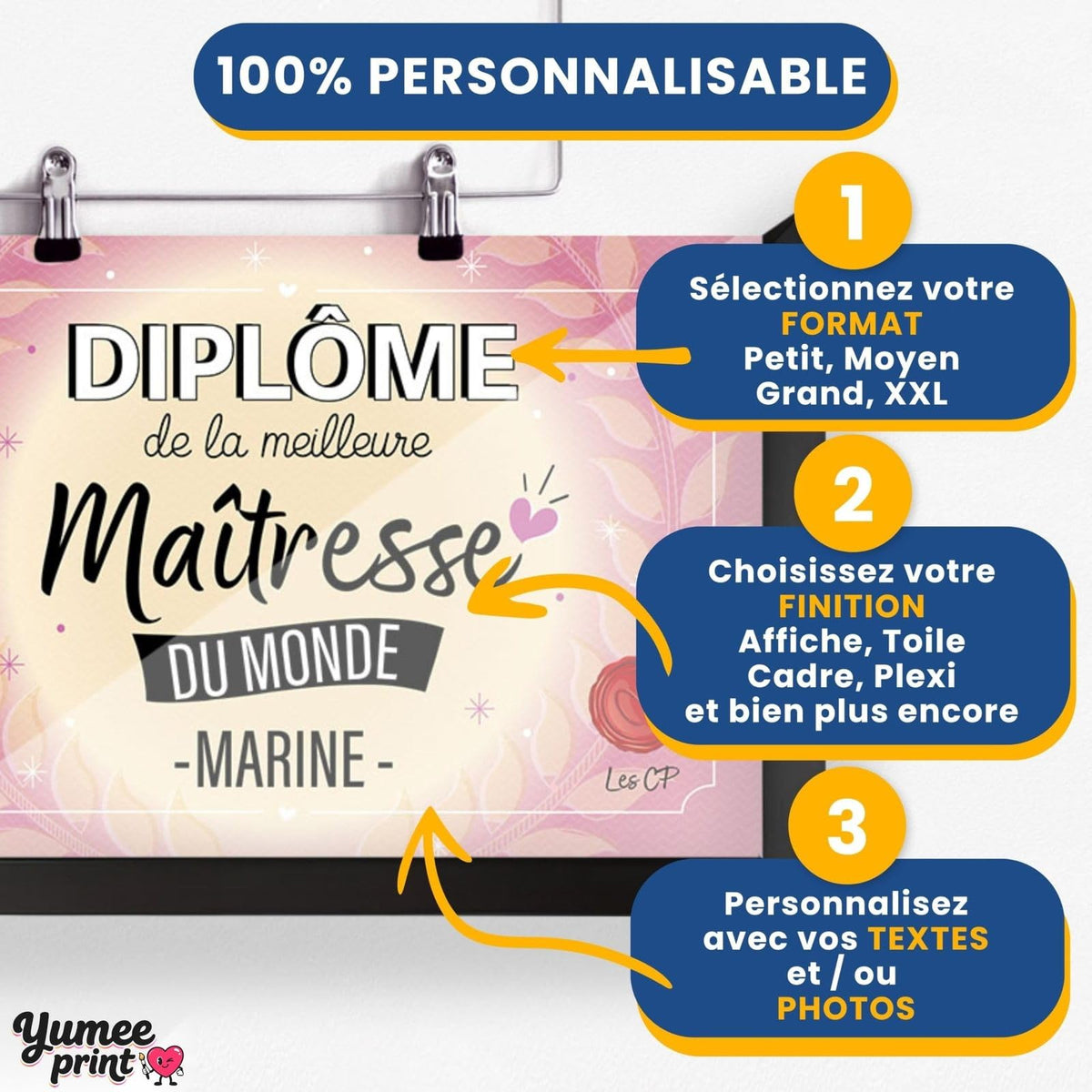 Personnalisez le diplôme « de la meilleure maîtresse » en trois étapes : format, finition puis textes, avec son prénom et votre signature, imprimé et livré chez vous (exemple)