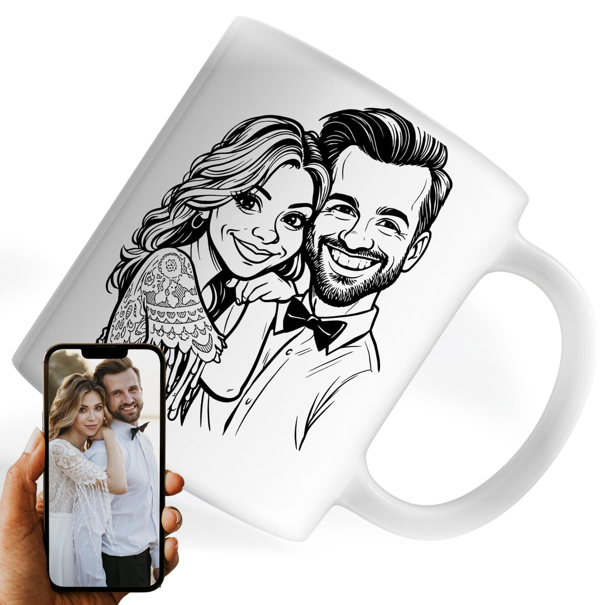 Mug caricature d'après votre photo, en noir et blanc