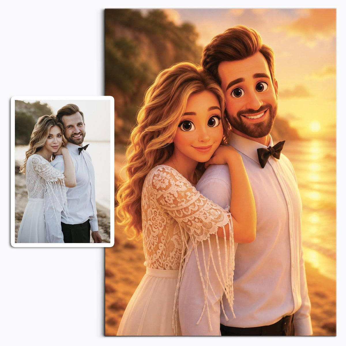 Votre photo transformée en personnage façon film d'animation 3D, rendu volumineux et lumière de coucher de soleil, imprimé en affiche (poster) et livré chez vous (exemple)