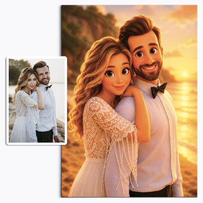 Votre photo transformée en personnage façon film d'animation 3D, rendu volumineux et lumière de coucher de soleil, imprimé en affiche (poster) et livré chez vous (exemple)