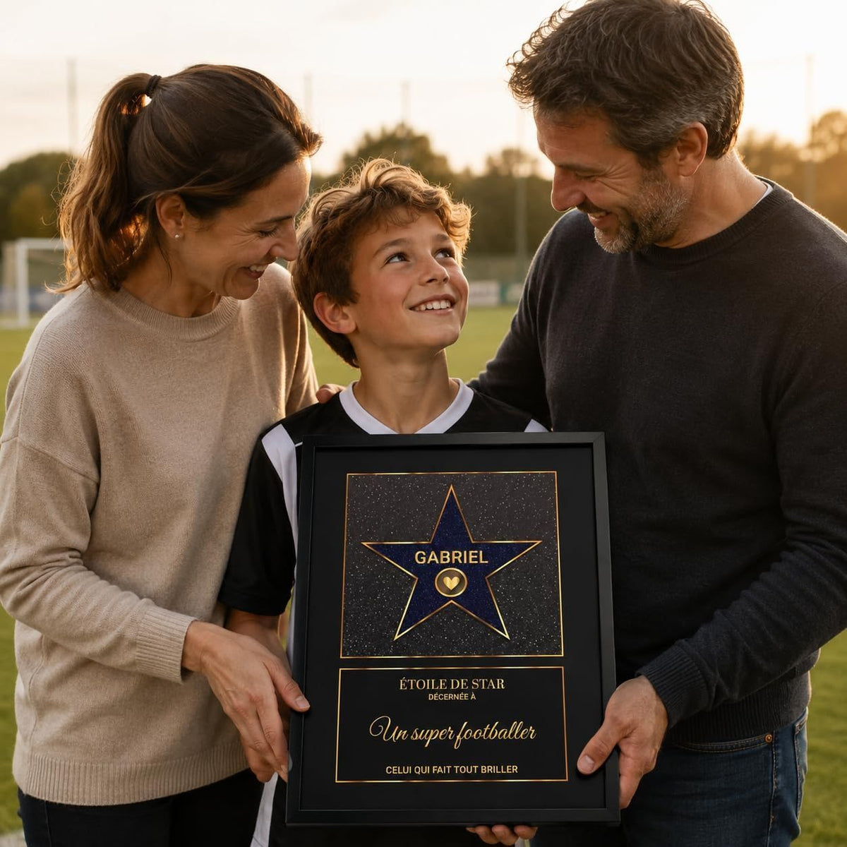 Exemple d'usage au bord d'un terrain de sport : l'étoile bleue pailletée en cadre noir, prénom et message au choix, façon Walk of Fame, imprimée et livrée chez vous (exemple)