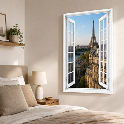 Trompe-l'œil sur Paris dans une chambre, tour Eiffel et Seine en perspective, sur toile canvas ou plexiglas en 60 x 40 cm, 80 x 60 cm ou 120 x 80 cm, livré chez vous (exemple)