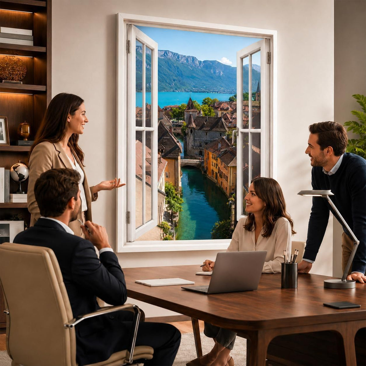 Idée d'usage dans un bureau : la vue sur Annecy ouvre le mur comme une vraie fenêtre, style de fenêtre au choix, toile canvas ou plexiglas, livré chez vous (exemple)
