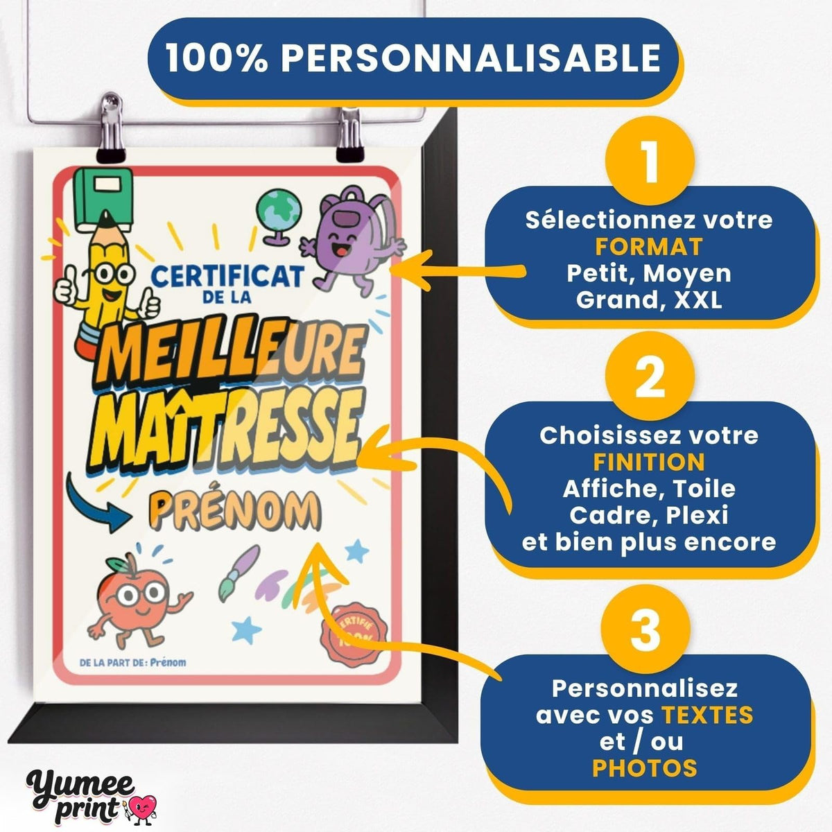 Personnalisez le certificat de la meilleure maîtresse en trois étapes : format, finition puis textes, avec son prénom et votre signature, imprimé et livré chez vous (exemple)