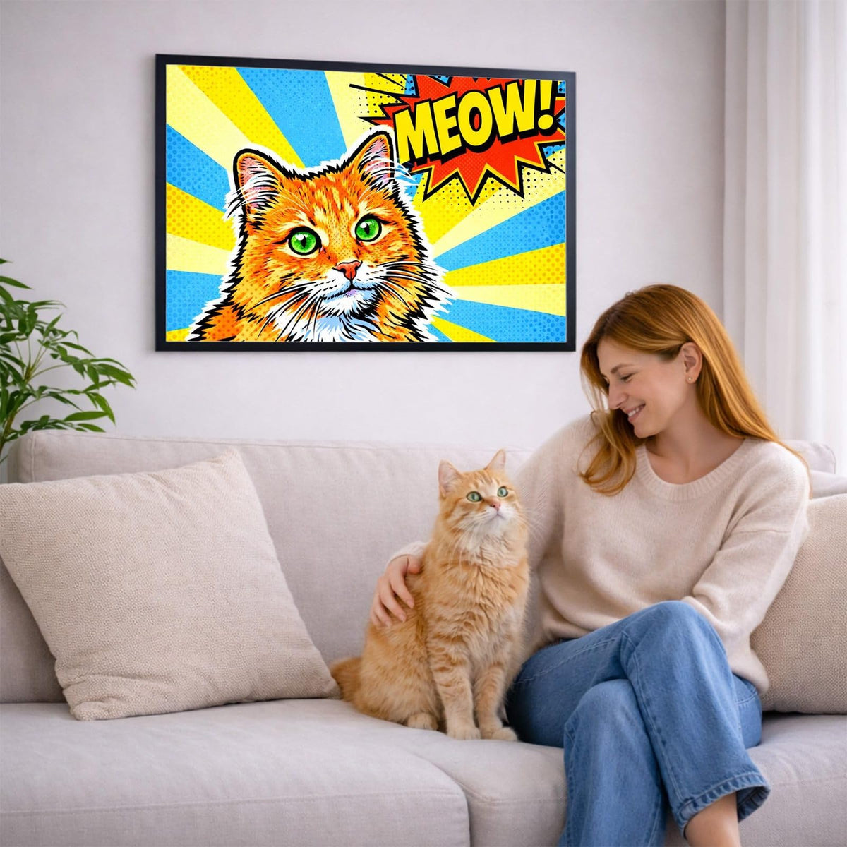 Portrait pop art en format paysage de votre chat d'après sa photo, accroché au salon en cadre noir ; aussi en affiche (poster), toile canvas ou plexiglas, livré chez vous (exemple)