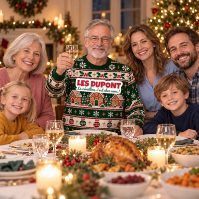 Sweat de Noël moche homme personnalisé, nom de famille, vert sapin