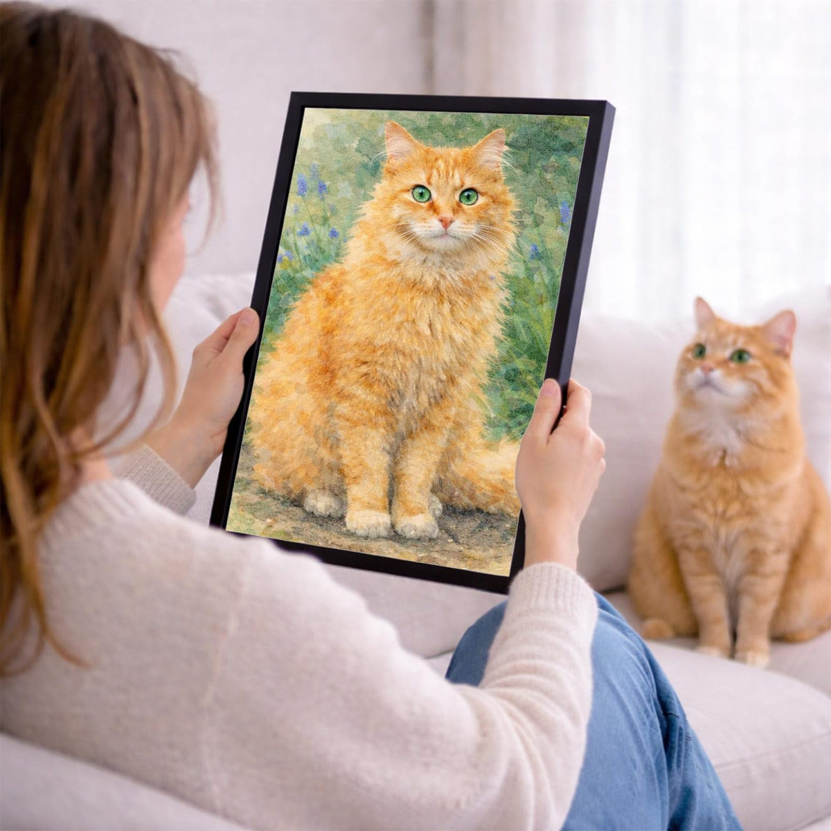 Votre photo devient un portrait à l'aquarelle, ici en cadre noir tenu en main ; cadre noir, blanc, bois clair ou bois foncé au choix, livré chez vous (exemple)