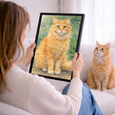 Votre photo devient un portrait à l'aquarelle, ici en cadre noir tenu en main ; cadre noir, blanc, bois clair ou bois foncé au choix, livré chez vous (exemple)