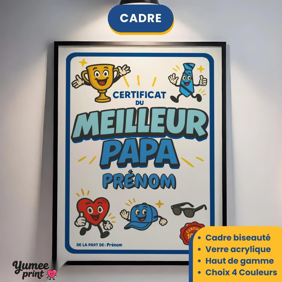Certificat du meilleur papa en cadre noir avec verre acrylique, éclairé au mur ; cadre aussi en blanc, bois clair ou bois foncé, livré chez vous (exemple)