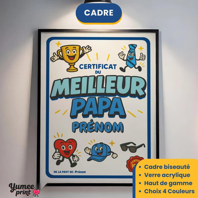 Certificat du meilleur papa en cadre noir avec verre acrylique, éclairé au mur ; cadre aussi en blanc, bois clair ou bois foncé, livré chez vous (exemple)