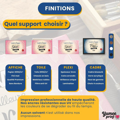 Diplôme « de la meilleure sœur » en quatre finitions : affiche (poster), toile canvas, plexiglas ou cadre ; le cadre existe en noir, blanc, bois clair ou bois foncé, livré chez vous (exemple)