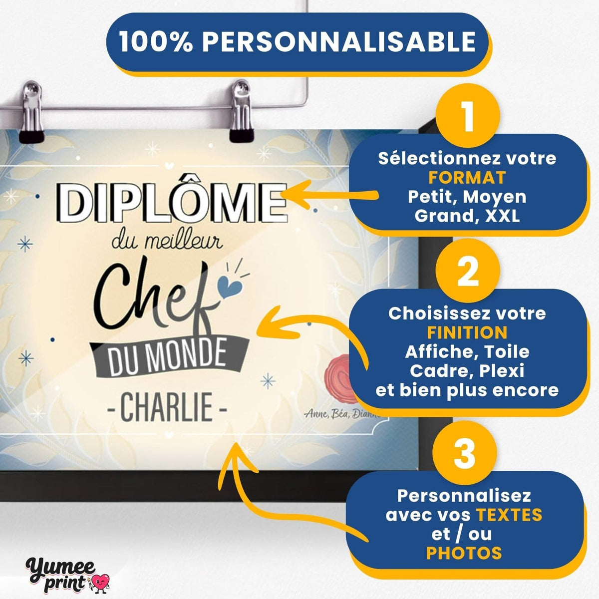 Personnalisez le diplôme « du meilleur chef » en trois étapes : format, finition puis textes, avec son prénom et votre signature, imprimé et livré chez vous (exemple)