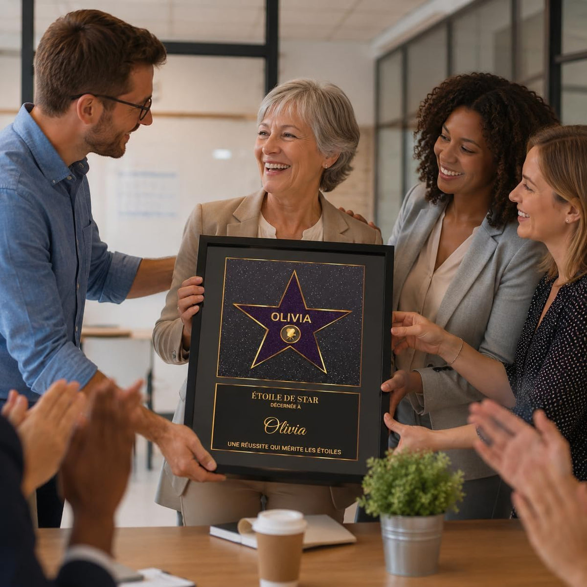 Exemple d'usage : l'étoile violette pailletée façon Walk of Fame en cadre noir, remise par une équipe pour une réussite ; prénom et message au choix, imprimée et livrée (exemple)