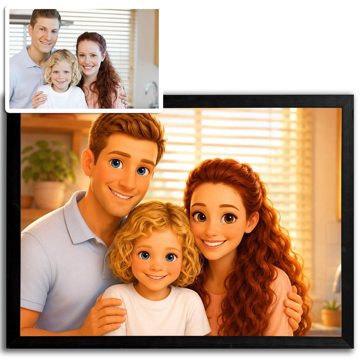 Portrait façon film d'animation 3D d'après votre photo, lumière chaude et visages expressifs, présenté en cadre noir paysage, imprimé puis livré chez vous (exemple)