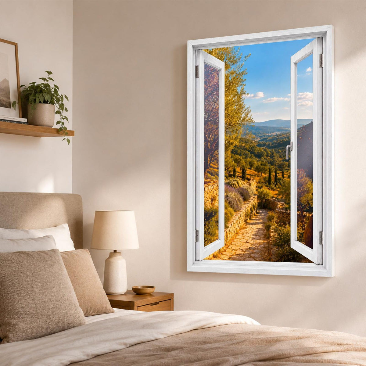 Trompe-l'œil sur la Provence dans une chambre, sentier et collines provençales en perspective, sur toile canvas ou plexiglas en 60 x 40 cm, 80 x 60 cm ou 120 x 80 cm, livré chez vous (exemple)