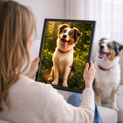 Votre photo devient un portrait animation 3D, ici en cadre noir tenu en main ; cadre noir, blanc, bois clair ou bois foncé au choix, livré chez vous (exemple)
