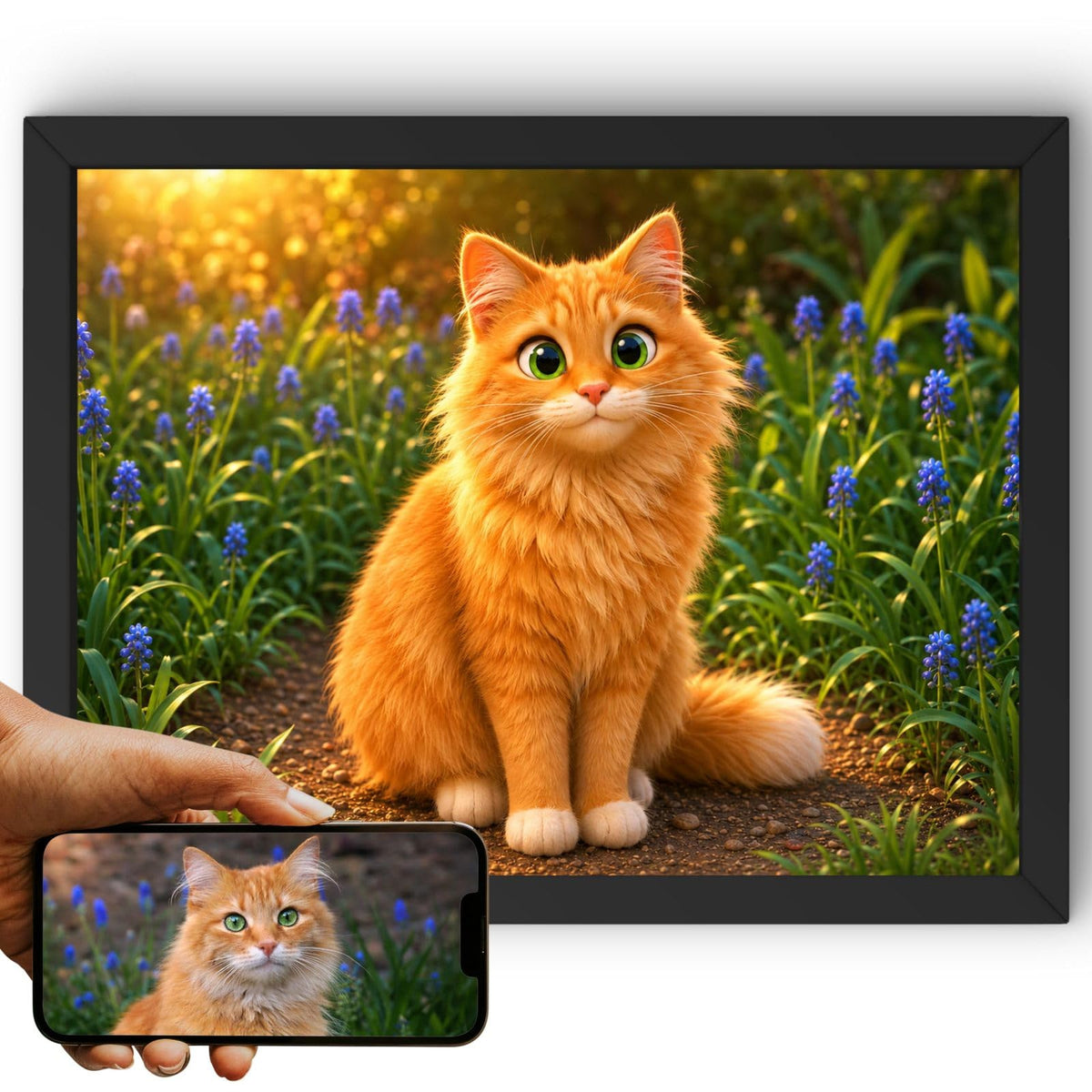 Création personnalisée : la photo de votre chat devient un portrait animation 3D en format paysage, grands yeux et lumière dorée, imprimé en cadre noir et livré chez vous (exemple)
