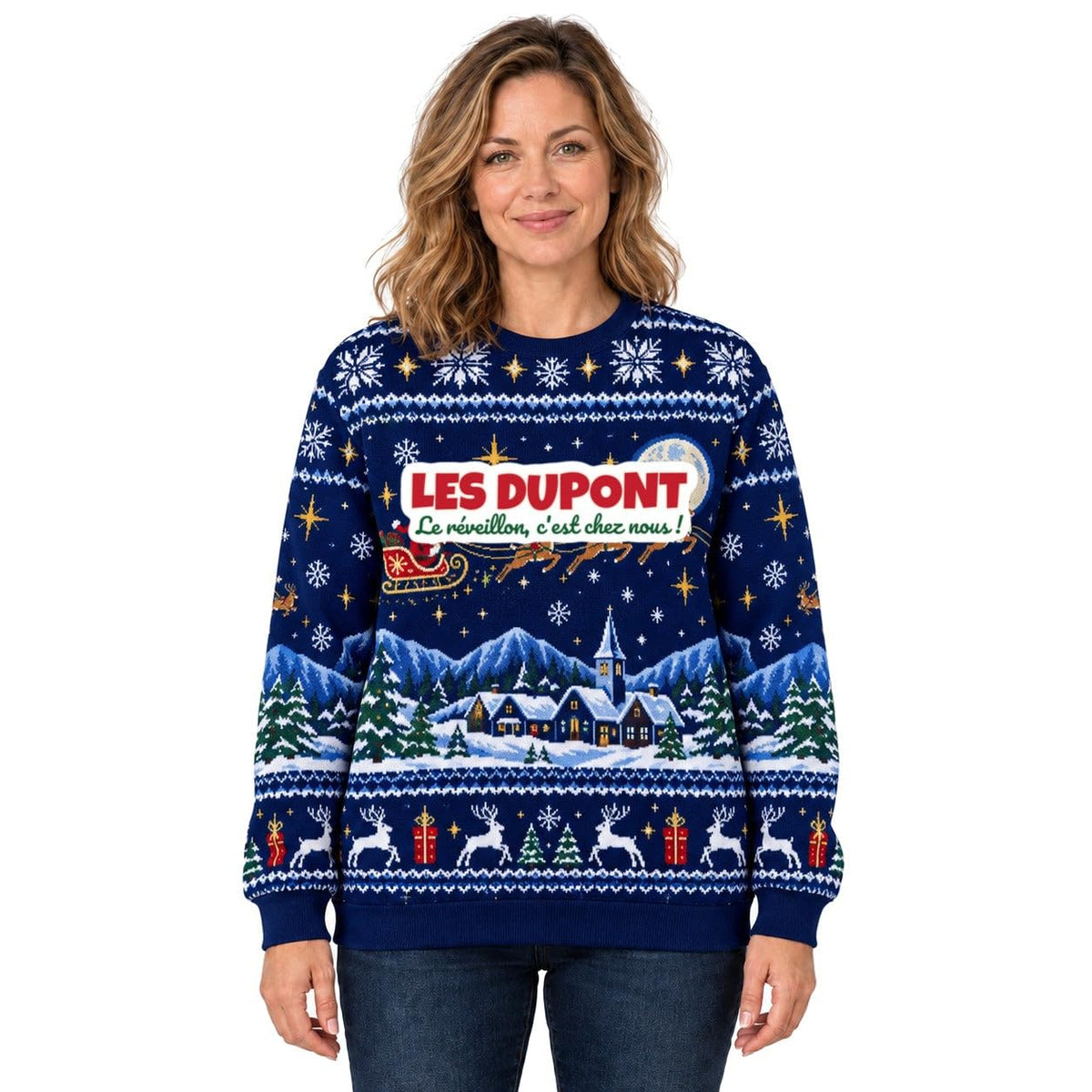 Sweat de Noël moche femme personnalisé, nom de famille, bleu marine