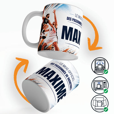 Mug basket personnalisé qui tourne sur lui-même, avec trois pictogrammes : lave-vaisselle, micro-ondes et mug calé dans son emballage pour la livraison chez vous (exemple)