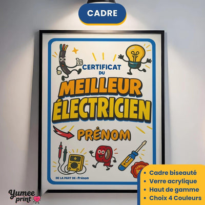 Certificat du meilleur électricien en cadre noir avec verre acrylique, éclairé au mur ; cadre aussi en blanc, bois clair ou bois foncé, livré chez vous (exemple)