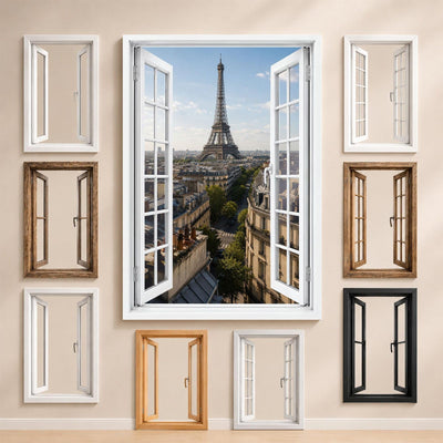 La vue sur le Paris haussmannien et les styles de fenêtre proposés pour l'encadrer : bois, PVC blanc, alu noir ou sans fenêtre, imprimée sur toile ou plexiglas puis livrée (exemple)