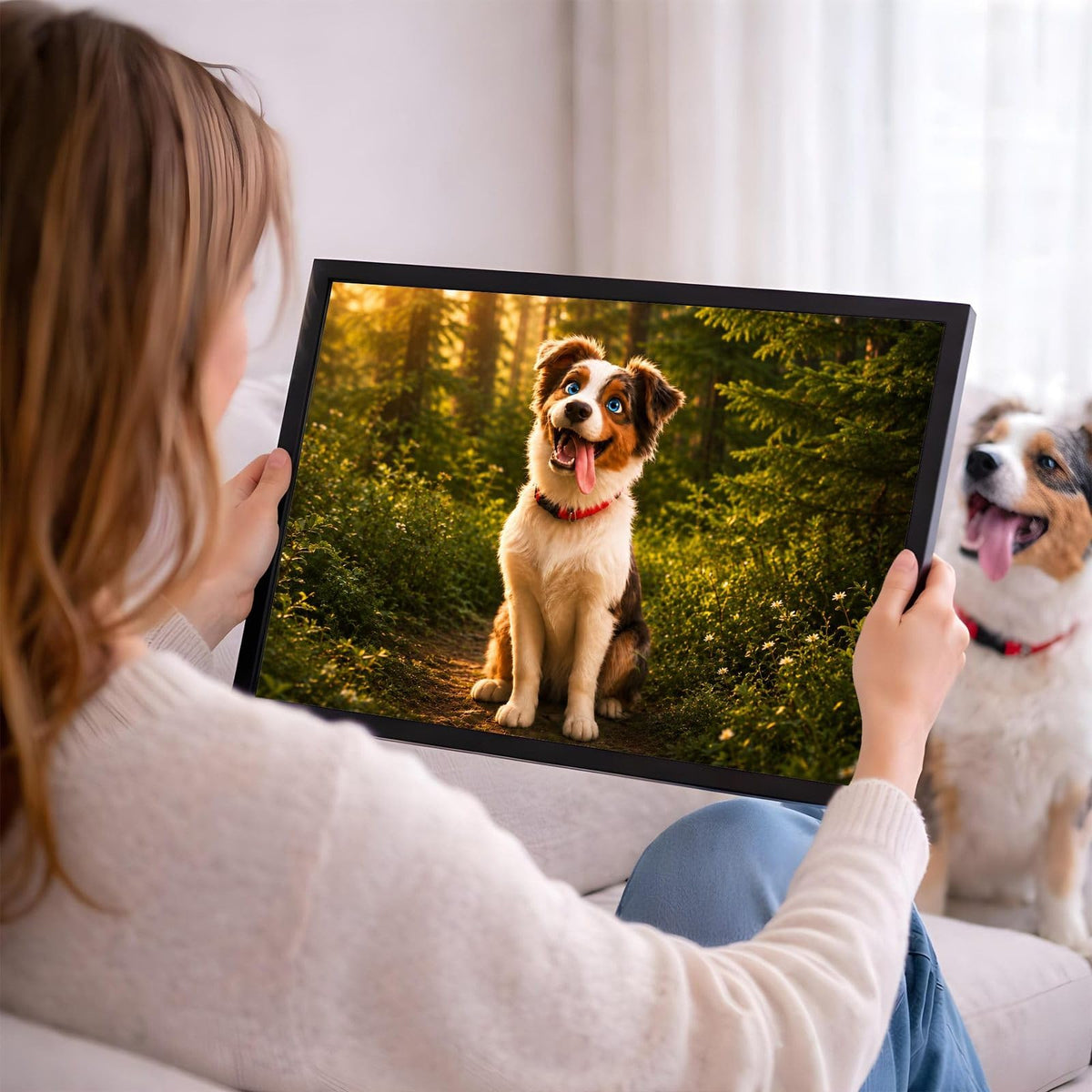 Votre photo devient un portrait animation 3D en format paysage, ici en cadre noir tenu en main ; cadre noir, blanc, bois clair ou bois foncé au choix, livré chez vous (exemple)