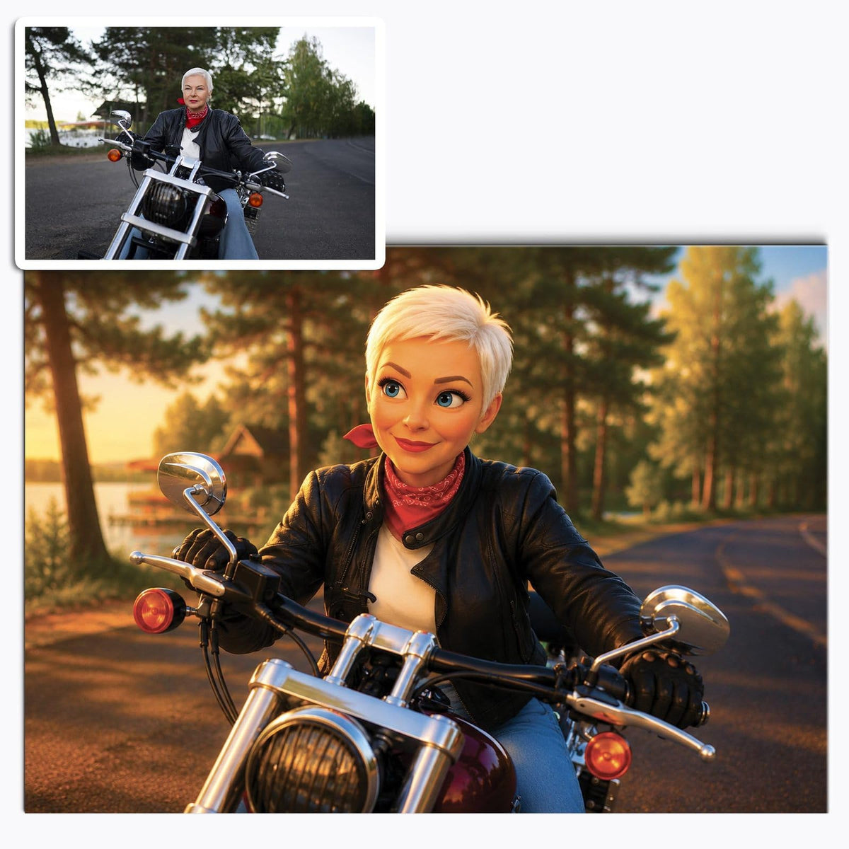 Votre photo transformée en scène façon film d'animation 3D, couleurs du soir et décor de forêt, imprimée en affiche (poster) au format paysage, livrée chez vous (exemple)
