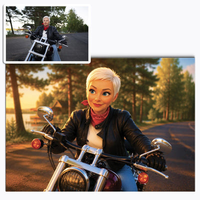 Votre photo transformée en scène façon film d'animation 3D, couleurs du soir et décor de forêt, imprimée en affiche (poster) au format paysage, livrée chez vous (exemple)