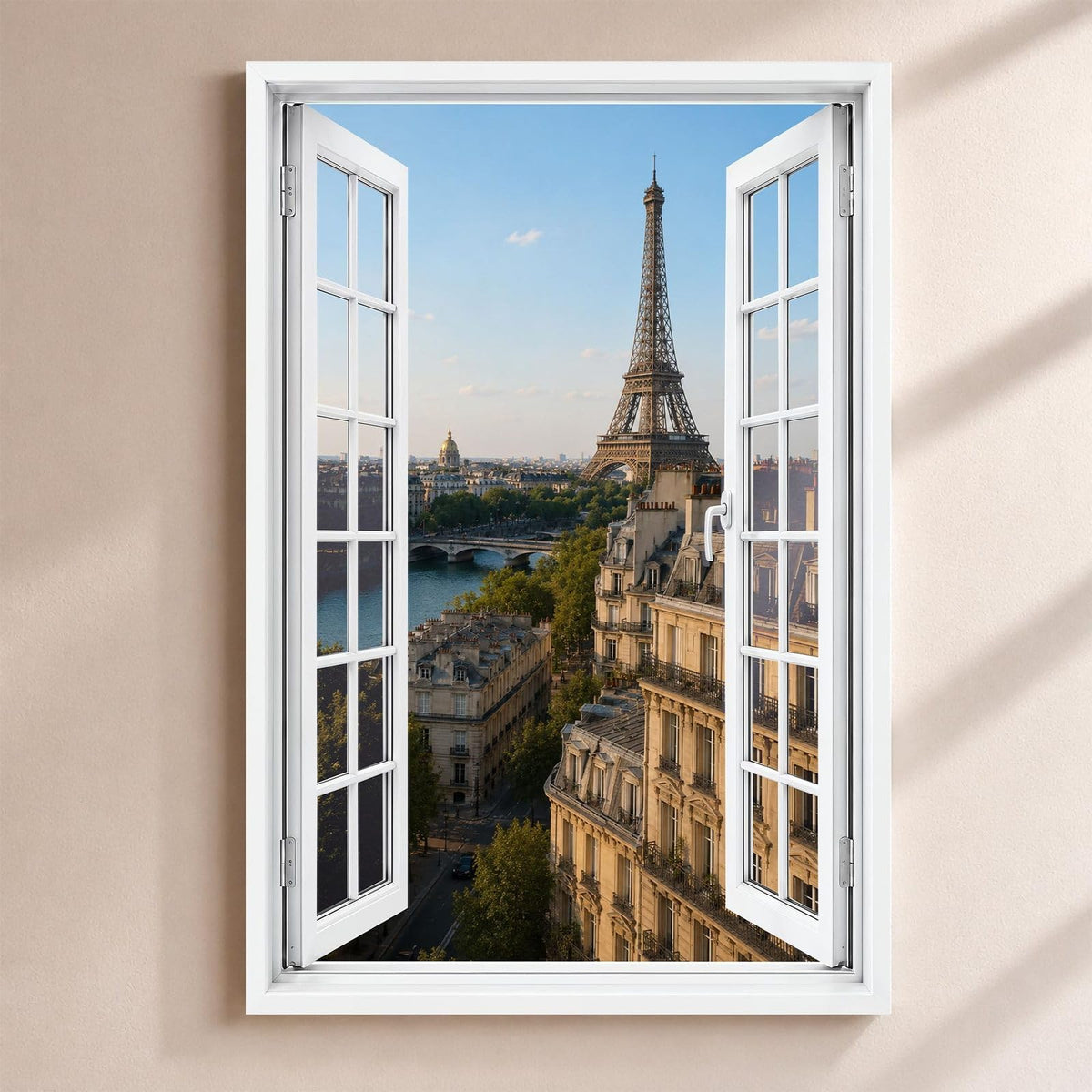 Trompe-l'œil sur Paris : la tour Eiffel au-dessus de la Seine et des toits, par une fenêtre blanche à petits carreaux ouverte, sur toile canvas tendue ou plexiglas, livré chez vous (exemple)