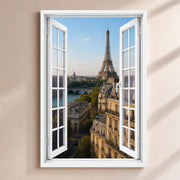 Trompe-l'œil sur Paris : la tour Eiffel au-dessus de la Seine et des toits, par une fenêtre blanche à petits carreaux ouverte, sur toile canvas tendue ou plexiglas, livré chez vous (exemple)