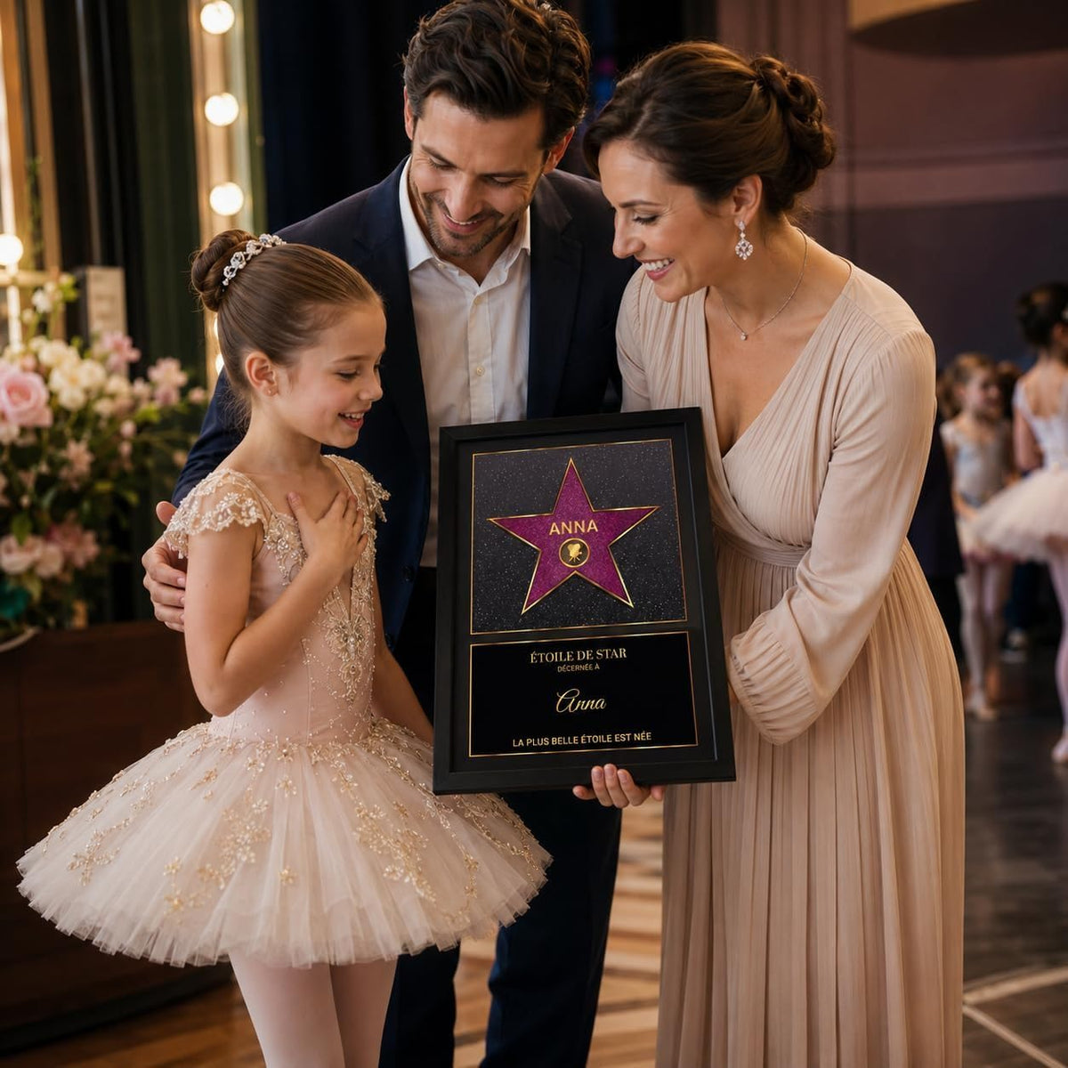 Exemple d'usage : l'étoile rose pailletée façon Walk of Fame en cadre noir, offerte après un spectacle ; prénom et message au choix, imprimée et livrée chez vous (exemple)